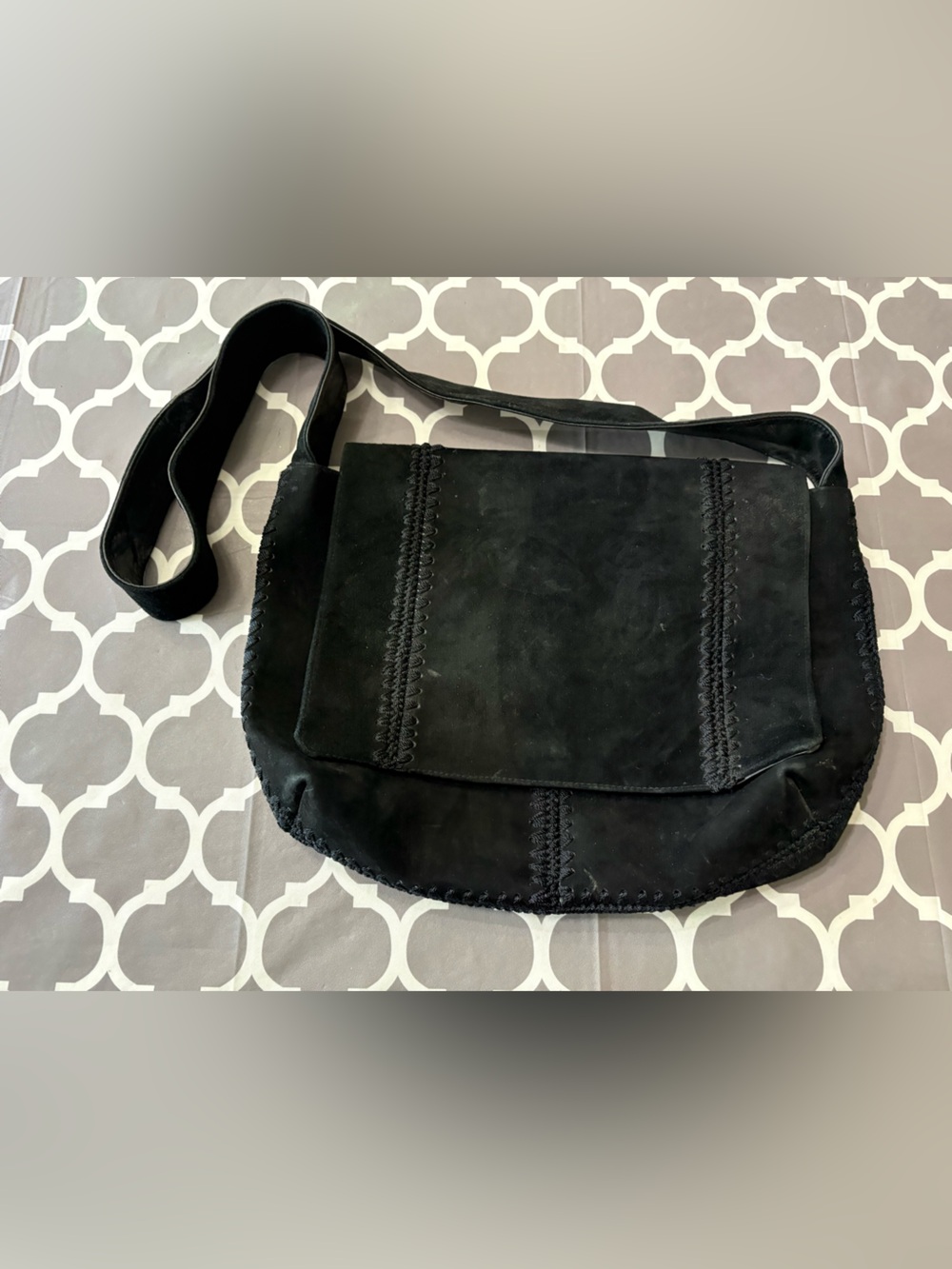 The Sak Vintage Suede and Leather Whipstitch Black Messenger Crossbody Bag